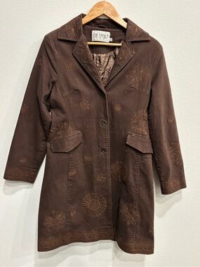 Vintage Y2K DB Sport Floral Embroidered Brown Cotton Trench Coat Women’s M